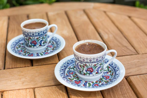 Traditional fresh turkish coffee on wooden table — Stock Photo, Image