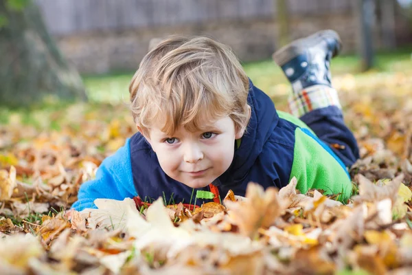 Piccolo bambino ragazzo si diverte nel parco autunnale — Foto Stock