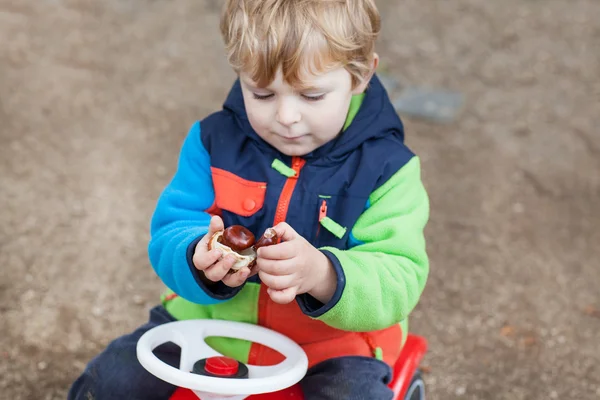 Piccolo bambino ragazzo si diverte nel parco autunnale — Foto Stock