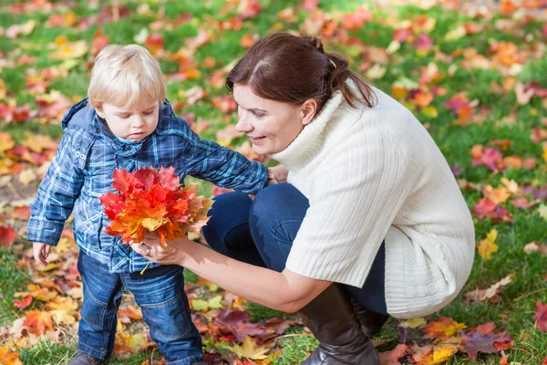 Pequeño niño y madre joven en el parque de otoño —  Fotos de Stock