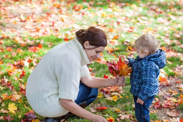 Little toddler boy and young mother in the autumn park — Stock Photo, Image