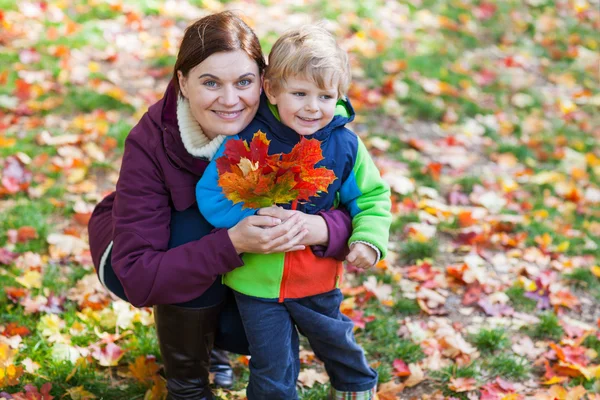 Маленький мальчик и молодая мать в осеннем парке — стоковое фото