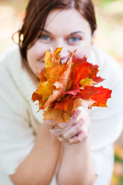 Buquê de folhas de outono na mão da mulher — Fotografia de Stock