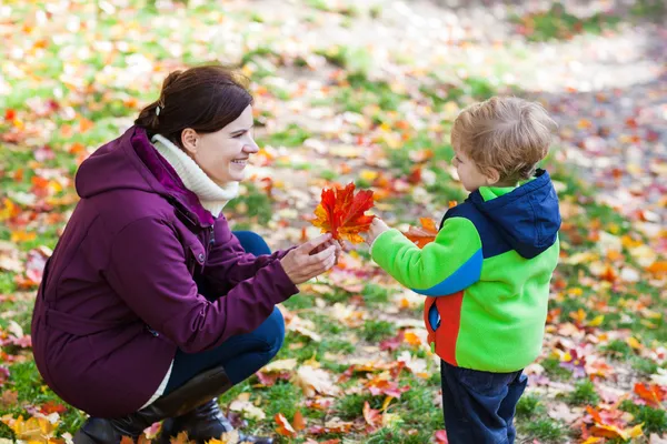 Pequeño niño y madre joven en el parque de otoño — Foto de Stock