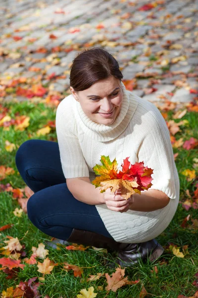 Piękna dziewczyna w parku jesienią zbiera liście — Zdjęcie stockowe