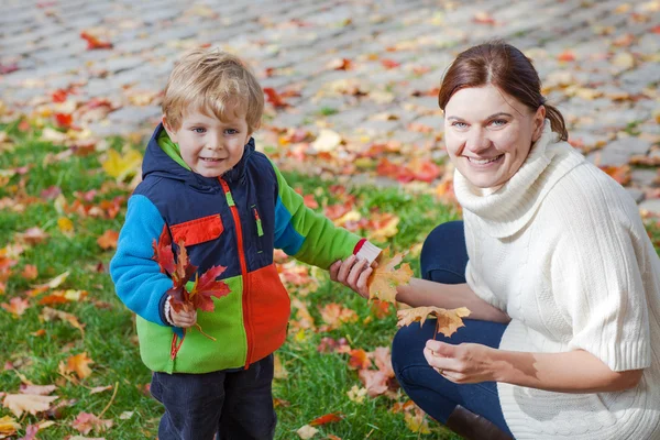 Menino e jovem mãe no parque de outono — Fotografia de Stock