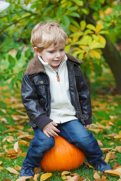 Little toddler with big orange pumpkin in garden — Stock Photo, Image