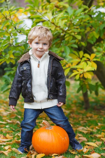 Little toddler with big orange pumpkin in garden — Stock Photo, Image