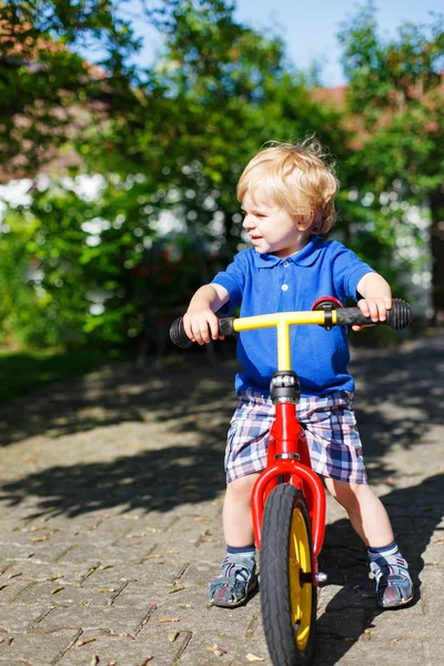 Piccolo bambino ragazzo cavalcando sulla sua bicicletta in estate — Foto Stock