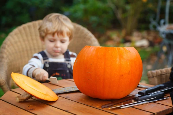 Adorable toddler boy with halloween pumpkin — Stock Photo, Image