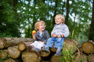 iki küçük çocuklar gülüyor ve yeme elma yaz orman