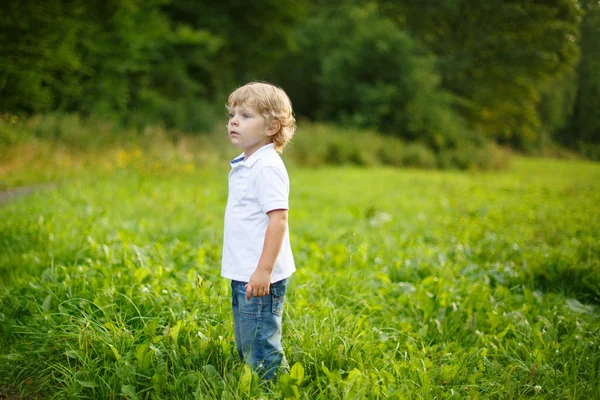 Malý Plavovlasý chlapec poblíž forest lake, na letní večer — Stock fotografie