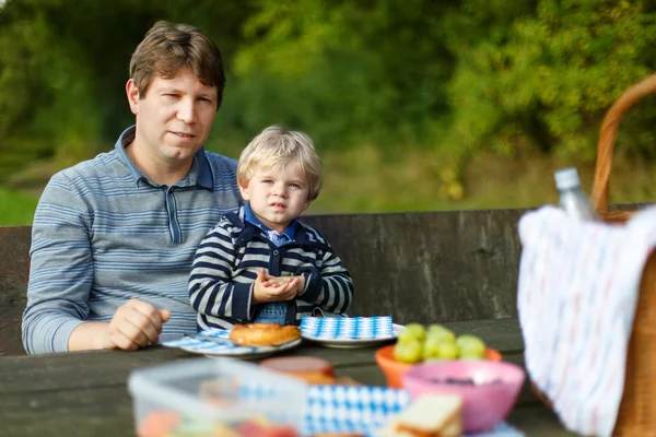 Unga far och liten pojke picknick i parken — Stockfoto