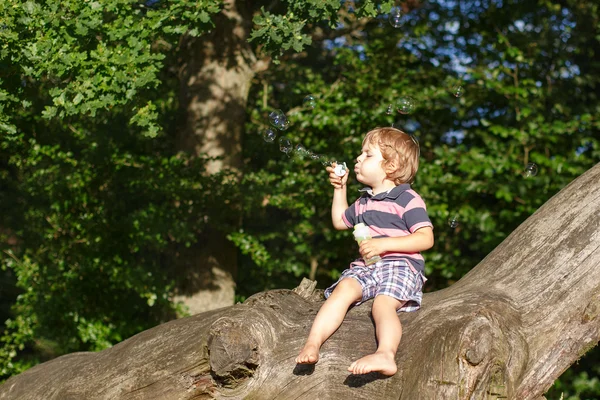 Pouco bonito menino criança brincando com bolhas de sabão na floresta — Fotografia de Stock