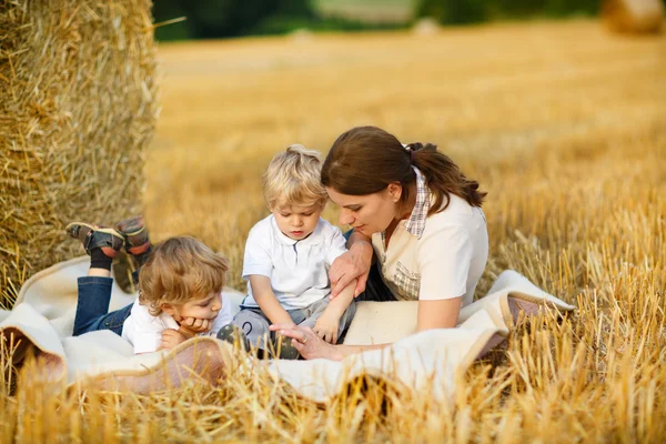 Young mother and two little toddler boys on yellow hay field — Stock Photo, Image