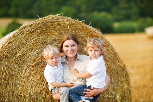 Young mother and two little brother boys having fun on yellow ha — Stock Photo, Image