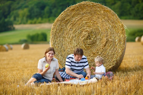 Happy family of three picnicking on yellow hay field in summer. — Stock Photo, Image