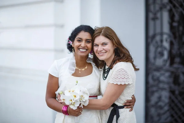 Beautiful happy indian bride and her friend — Stock Photo, Image