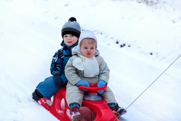 Two little siblings having fun on sledge — Stock Photo, Image