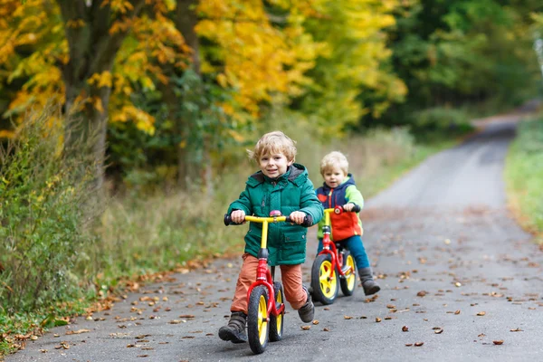 Zwei kleine Geschwister haben Spaß auf Fahrrädern im herbstlichen Wald. — Stockfoto