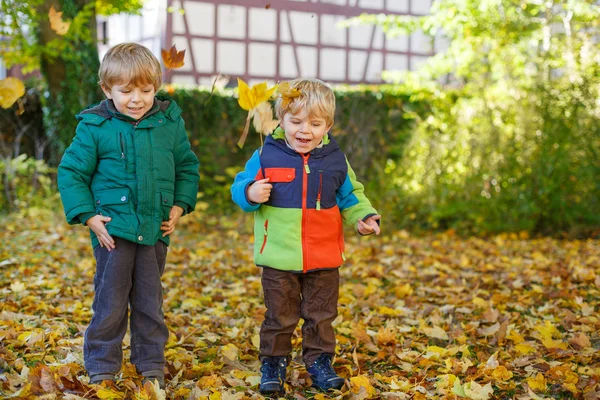 Två små syskon pojkar har roligt med gula blad på hösten — Stockfoto