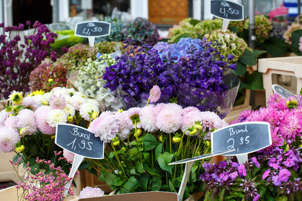 Flowers for sale at a German flower market.