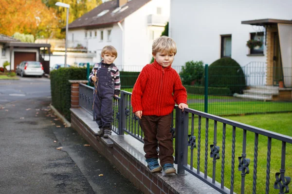 Two little sibling boys walking on city street. — Stock Photo, Image