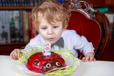 üçüncü doğum günü kutluyor ve mumlar üfleme küçük çocuk