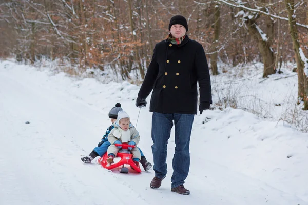 Two little siblings and their father having fun on sledge — Stock Photo, Image