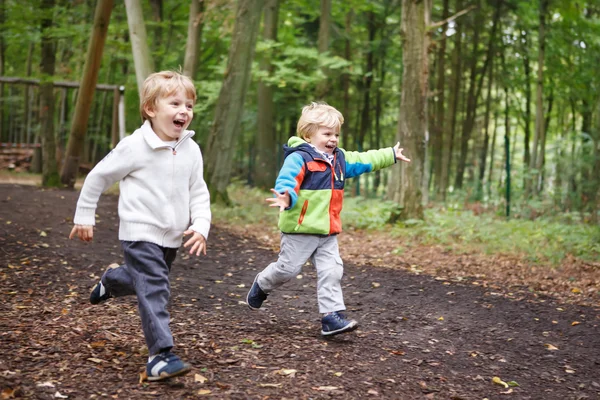 Twee kleine broer of zus jongens met plezier met gele bladeren in de herfst — Stockfoto