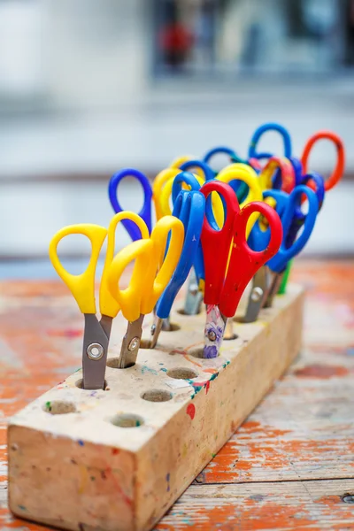 Colorful scissors for children for making art, closeup. — Stock Photo, Image