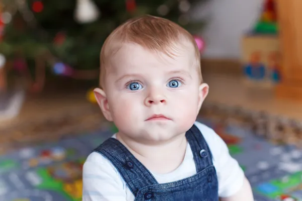 Porträt eines süßen Jungen von 6 Monaten vor dem Weihnachtsbaum. — Stockfoto