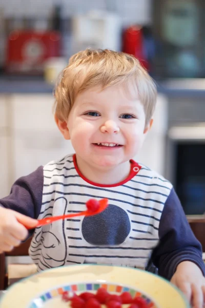 Πορτρέτο του χαριτωμένο μικρό παιδί αγόρι τρώει — Φωτογραφία Αρχείου