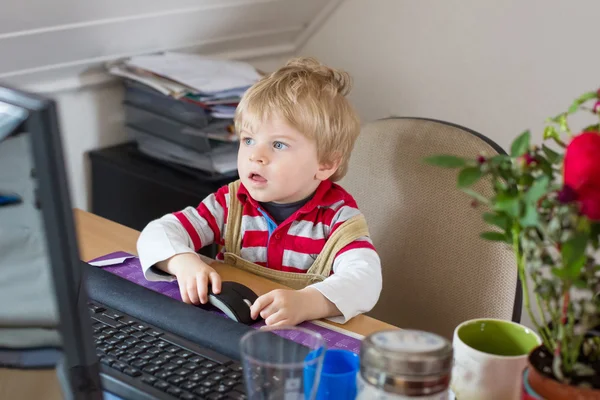 Liten pojke lärande på dator hemma — Stockfoto