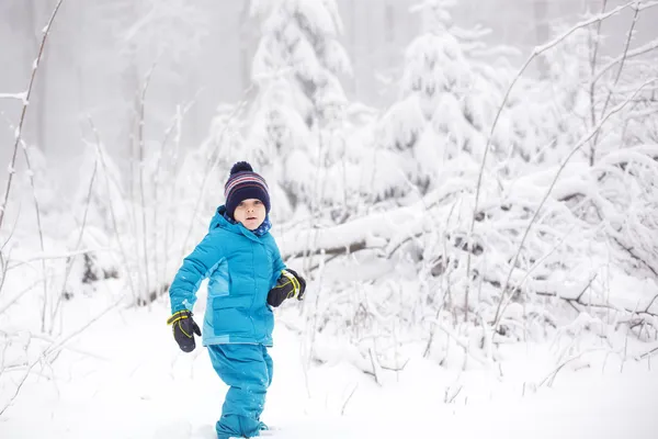 Pequeño niño divirtiéndose con nieve al aire libre en la hermosa wi — Foto de Stock