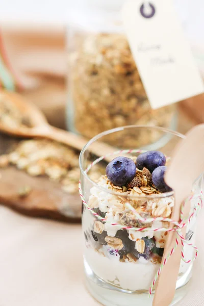 Healthy food: Homemade fresh yogurt with blueberries and muesli — Stock Photo, Image