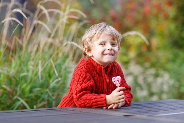 Funny little preschool boy sitting on a wall in late summer even — Stock Photo, Image
