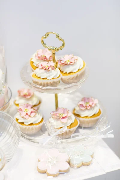 Mesa doce elegante com cupcakes e outros doces para o jantar ou — Fotografia de Stock