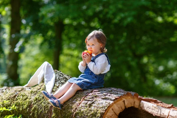 Małe słodkie dziecko dziewczynka jedzenie owoców w lesie — Zdjęcie stockowe