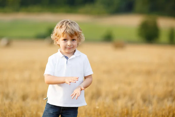 Маленький хлопчик три роки розважається на жовтому сіновому полі — стокове фото