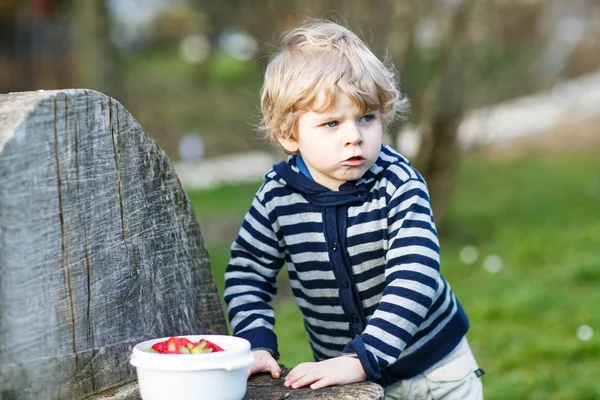 Bonito menino loiro de dois anos comendo morangos ao ar livre — Fotografia de Stock