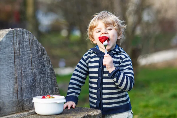 Lovely blond boy of two years eating strawberries outdoors — Stock Photo, Image