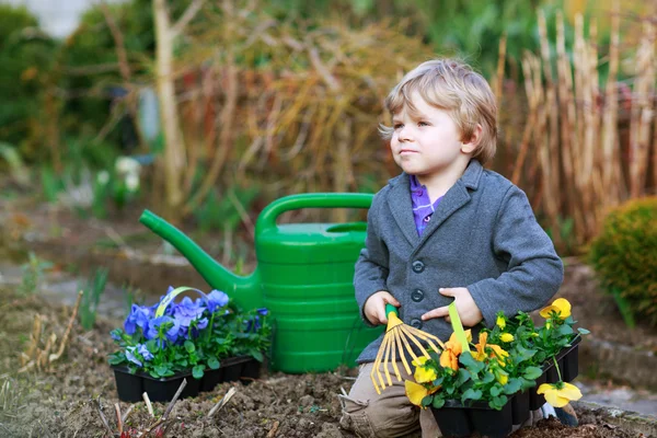 Kleine jongen tuinieren en het planten van bloemen in de tuin — Stockfoto