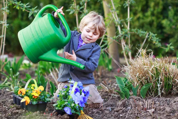 Kleine jongen tuinieren en het planten van bloemen in de tuin — Stockfoto