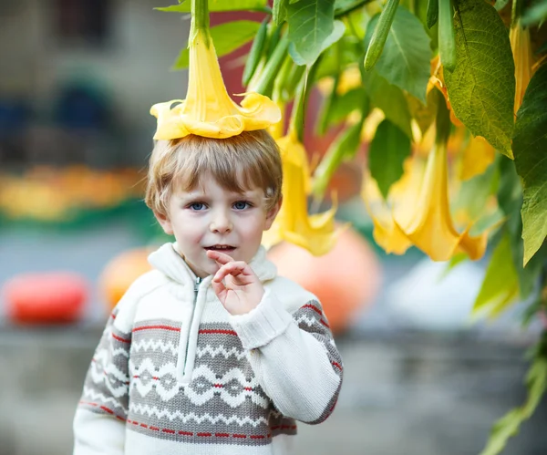 Petit garçon avec grande fleur jaune — Photo