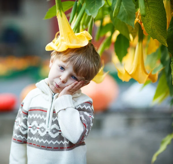 Little boy with big yellow flower — Stock Photo, Image