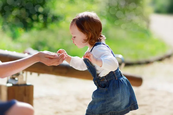 Liten söt baby flicka ha kul i parken, sommar — Stockfoto