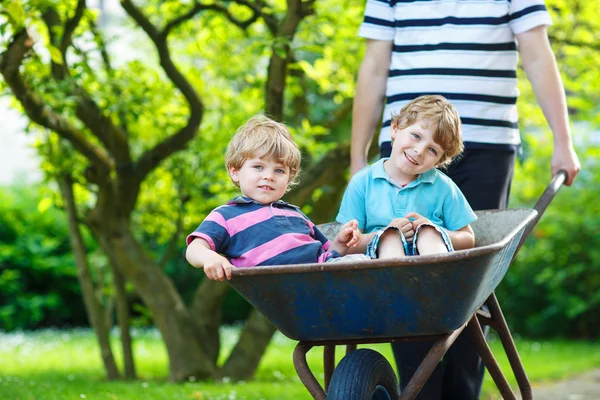 Two little boys having fun in wheelbarrow pushing by father — Stock Photo, Image