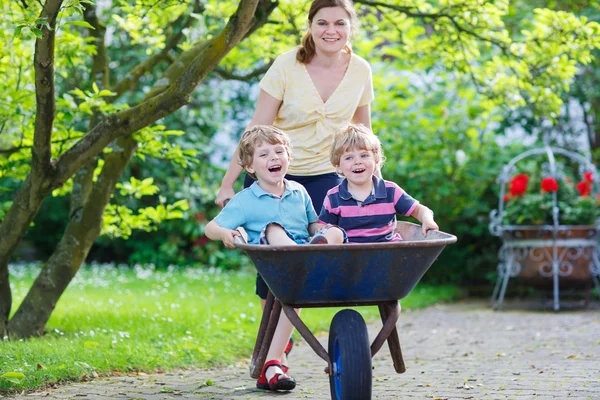 Two little boys having fun in a wheelbarrow pushing by mother — Stock Photo, Image