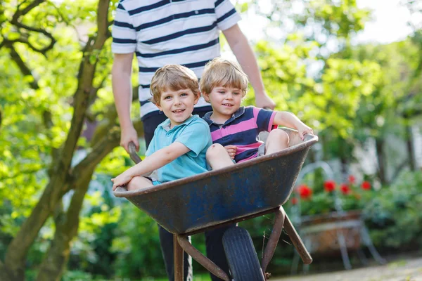 Two little boys having fun in wheelbarrow pushing by father — Stock Photo, Image